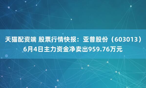 天猫配资端 股票行情快报：亚普股份（603013）6月4日主力资金净卖出959.76万元